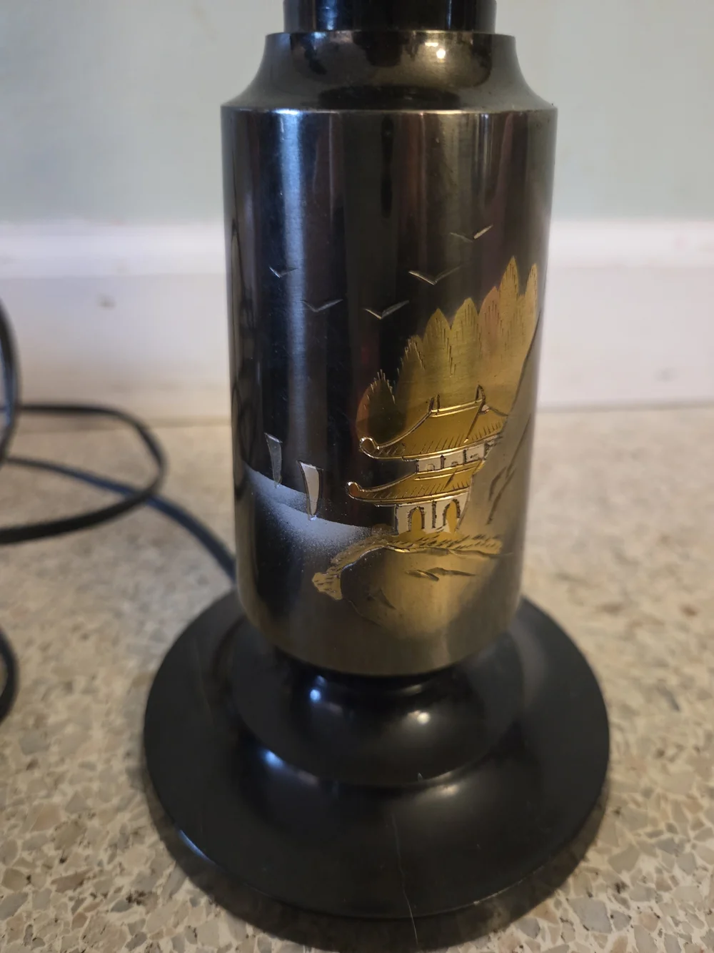Vintage MCM Japanese Metal Hand-etched Bronze Table Lamp Pair Asian 12 In